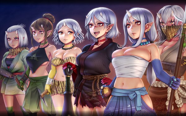 Anime picture 1920x1200 with original horiishi horuto long hair fringe highres short hair breasts light erotic hair between eyes brown hair large breasts bare shoulders multiple girls yellow eyes silver hair traditional clothes japanese clothes horn (horns) pointy ears midriff