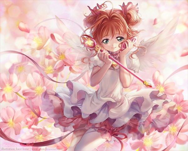 Anime picture 1022x820 with card captor sakura clamp kinomoto sakura kaze-hime single long hair looking at viewer blue eyes red hair two side up watermark girl thighhighs dress hair ornament flower (flowers) ribbon (ribbons) petals white thighhighs wand