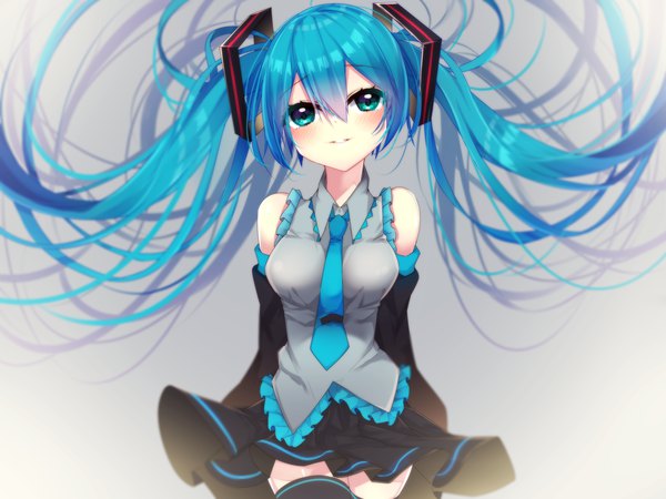 イラスト 2400x1800 と ボーカロイド 初音ミク おやき ソロ 長髪 カメラ目線 赤面 前髪 highres おっぱい simple background hair between eyes ツインテール 青い髪 upper body very long hair parted lips aqua eyes grey background depth of field