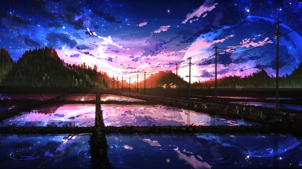 Anime picture 1920x1080 with original smile (qd4nsvik) highres wide image sky cloud (clouds) mountain no people landscape lake plant (plants) tree (trees) star (stars) planet power lines