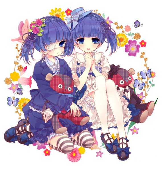 Anime picture 1200x1265 with original moriyama shijimi tall image short hair blue eyes twintails multiple girls blue hair short twintails girl thighhighs dress flower (flowers) 2 girls hat white thighhighs toy eyepatch stuffed animal striped thighhighs