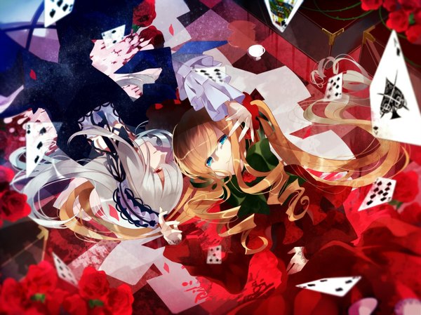 Anime picture 1950x1462 with rozen maiden suigintou shinku omutatsu long hair fringe highres red eyes twintails multiple girls silver hair lying profile aqua eyes drill hair girl dress flower (flowers) 2 girls hairband