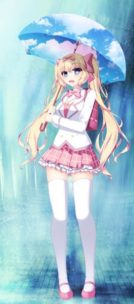 Anime picture 2000x4500 with original a1q2sw single long hair tall image blush highres open mouth blue eyes blonde hair twintails double exposure sky print girl thighhighs skirt uniform bow hair bow school uniform