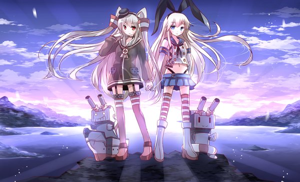 Anime picture 2067x1254 with kantai collection shimakaze destroyer rensouhou-chan amatsukaze destroyer rensouhou-kun risutaru long hair looking at viewer blush fringe highres blue eyes blonde hair smile hair between eyes red eyes wide image standing multiple girls sky