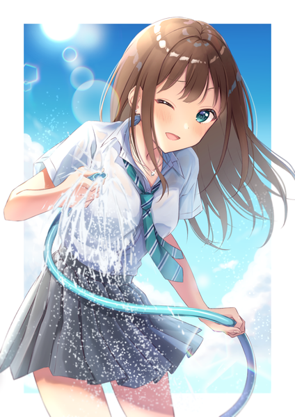 Anime picture 833x1179 with idolmaster idolmaster cinderella girls shibuya rin anoa single long hair tall image blush fringe open mouth light erotic smile brown hair standing holding sky cloud (clouds) outdoors pleated skirt one eye closed