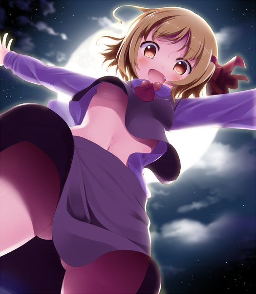 Anime picture 1193x1365 with touhou rumia komone ushio tall image blush short hair open mouth light erotic blonde hair yellow eyes night looking down spread arms girl skirt navel miniskirt moon skirt set