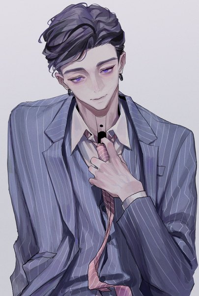 Anime picture 1378x2039 with tokyo revengers haitani ran popo 6996 single tall image looking at viewer short hair simple background purple eyes grey background tattoo striped dark hair adjusting necktie boy earrings necktie suit