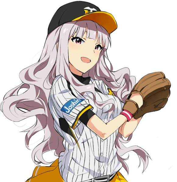 Anime picture 816x843 with idolmaster nippon professional baseball hanshin tigers shijou takane tuxedo de cat single long hair tall image blush fringe open mouth simple background white background silver hair upper body :d pink eyes alternate costume wavy hair girl