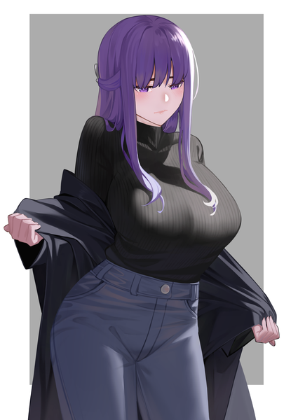 Anime picture 1016x1433 with sousou no frieren fern (sousou no frieren) nonh (wormoftank) single long hair tall image fringe breasts light erotic simple background large breasts purple eyes purple hair grey background alternate costume border looking down half updo outside border contemporary