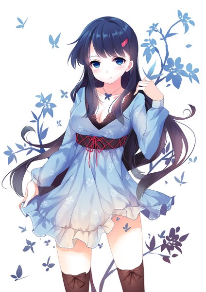 Anime picture 900x1273 with original caidychen single long hair tall image looking at viewer blush blue eyes simple background white background blue hair cleavage girl thighhighs dress hair ornament black thighhighs lingerie bra leaf (leaves)
