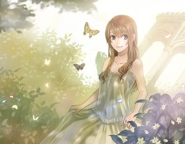 Anime picture 1358x1058 with original kirinosuke single long hair looking at viewer blue eyes brown hair bare shoulders girl dress flower (flowers) leaf (leaves) insect butterfly