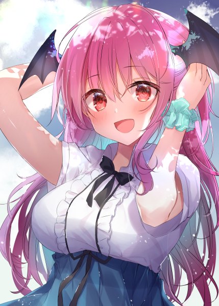 Anime picture 858x1200 with touhou koakuma natsuki (ukiwakudasai) single long hair tall image looking at viewer blush fringe breasts open mouth smile hair between eyes red eyes large breasts standing pink hair sky cloud (clouds) upper body