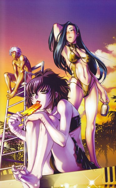 Anime picture 3770x6076 with black lagoon madhouse shenhua frederica sawyer rotton the wizard hiroe rei tall image blush highres short hair light erotic brown hair bare shoulders yellow eyes looking away absurdres sky silver hair cloud (clouds) ass