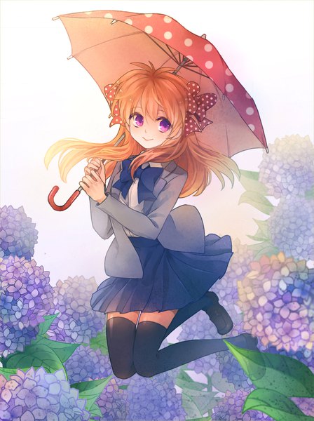 Anime picture 1575x2109 with gekkan shoujo nozaki-kun doga kobo sakura chiyo q-chiang single long hair tall image smile purple eyes full body orange hair polka dot jumping girl thighhighs uniform flower (flowers) bow black thighhighs hair bow