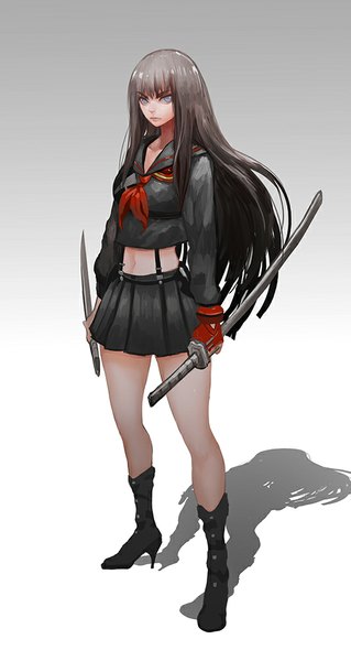 Anime picture 532x1000 with kill la kill studio trigger kiryuuin satsuki canking single long hair tall image blue eyes black hair simple background lips bare belly shadow midriff legs girl skirt navel weapon sword
