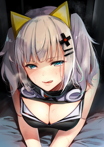 Anime picture 1003x1416 with virtual youtuber the moon studio kaguya luna umakuchi shouyu single tall image fringe short hair breasts light erotic large breasts twintails looking away cleavage silver hair blunt bangs aqua eyes sweat sleeveless short twintails