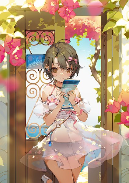 Anime picture 1414x2000 with original akizero1510 single tall image fringe short hair smile hair between eyes brown hair bare shoulders holding brown eyes ahoge wind looking down summer girl flower (flowers) bow hair bow