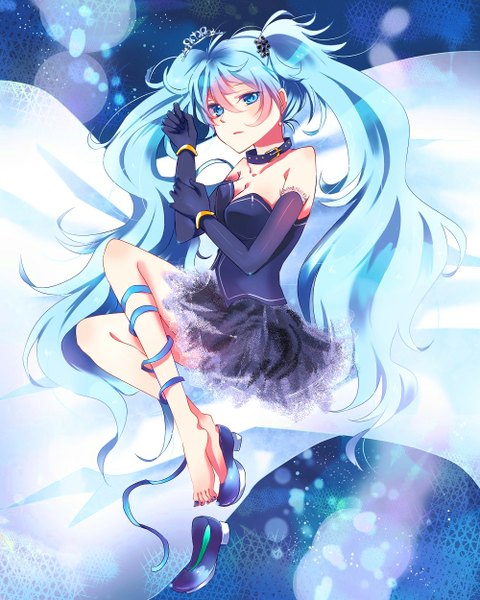 Anime picture 1000x1250 with vocaloid hatsune miku skura01 single tall image looking at viewer blush blue eyes twintails blue hair very long hair nail polish aqua eyes blue background girl skirt gloves ribbon (ribbons) miniskirt elbow gloves