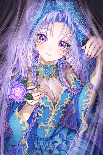 Anime picture 2250x3375 with original rosette (roze-ko) single long hair tall image looking at viewer highres breasts purple eyes cleavage purple hair braid (braids) nail polish parted lips sparkle twin braids purple nail polish girl dress flower (flowers)