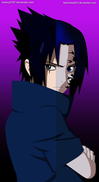 Anime picture 1024x1883 with naruto studio pierrot naruto (series) uchiha sasuke darknes953 single tall image short hair blue eyes black hair blue hair looking back grey eyes tattoo heterochromia coloring portrait crossed arms boy