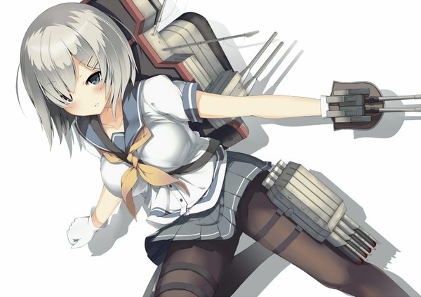 Anime picture 2000x1413 with kantai collection hamakaze destroyer yuui hutabakirage single looking at viewer blush highres short hair blue eyes simple background white background silver hair girl gloves uniform hair ornament weapon pantyhose serafuku white gloves