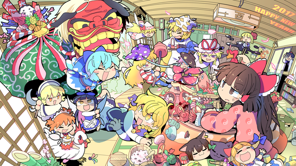 Anime-Bild 2560x1440 mit touhou hakurei reimu kirisame marisa yakumo yukari shameimaru aya cirno ibuki suika kaenbyou rin rumia yakumo ran chen lily white star sapphire luna child sunny milk sukuna shinmyoumaru clownpiece kaenbyou rin (cat) moyazou long hair