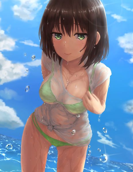 Anime picture 1391x1808 with original monoku (artist) single tall image blush short hair breasts light erotic smile brown hair large breasts green eyes sky cloud (clouds) wet leaning leaning forward horizon girl navel