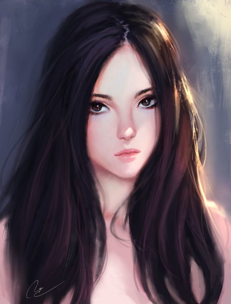 Anime picture 2116x2780 with original chaosringen single long hair tall image looking at viewer highres brown hair bare shoulders brown eyes signed upper body lips realistic depth of field lipstick portrait light dark background pink lipstick