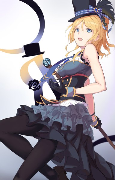 Anime picture 1512x2362 with love live! school idol project sunrise (studio) love live! ayase eli blowblack (kke) single long hair tall image breasts open mouth blue eyes simple background blonde hair holding bent knee (knees) sleeveless gradient background underbust girl gloves