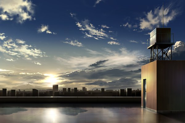 Anime picture 1300x868 with original pei (sumurai) sky cloud (clouds) realistic city evening sunset cityscape no people scenic sun roof