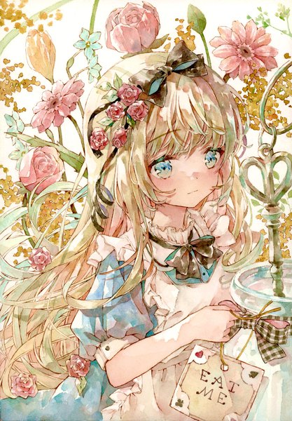 Anime picture 1382x1989 with alice in wonderland original alice (wonderland) yukoring single long hair tall image blush blue eyes blonde hair upper body puffy sleeves traditional media watercolor (medium) girl flower (flowers) bow hair bow rose (roses) key