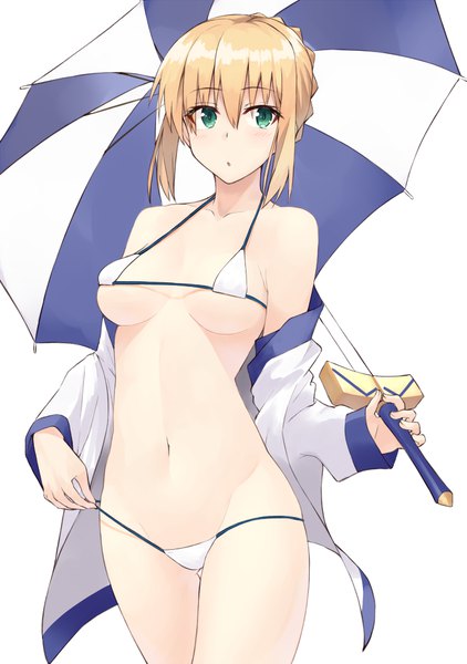 Anime picture 700x994 with fate (series) fate/stay night artoria pendragon (all) saber shunichi single tall image blush fringe short hair breasts light erotic simple background blonde hair hair between eyes standing white background bare shoulders holding green eyes