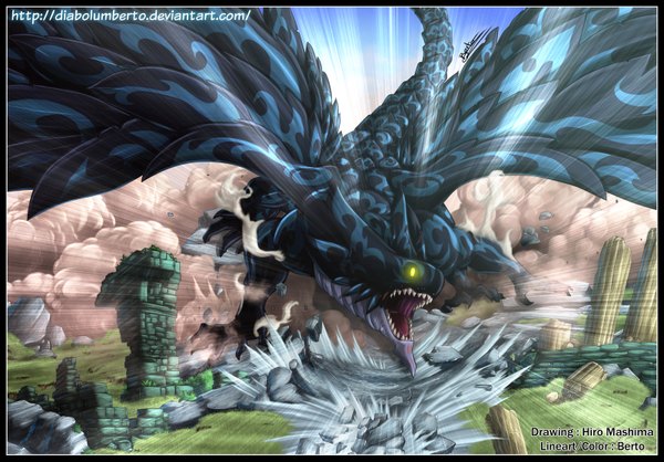 Anime picture 1600x1117 with fairy tail acnologia diabolumberto open mouth yellow eyes sky tail teeth coloring glowing light smoke glowing eye (eyes) sharp teeth ruins animal wings dragon stone (stones)