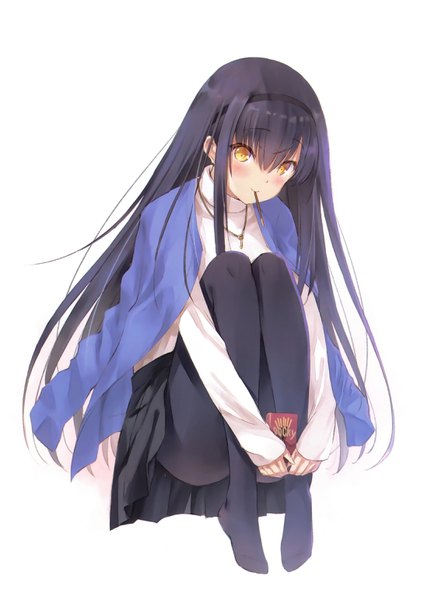Anime picture 2216x3082 with summer pockets key (studio) kushima kamome na-ga single long hair tall image looking at viewer blush fringe highres black hair simple background hair between eyes white background yellow eyes full body scan no shoes sleeves past wrists