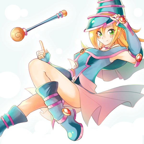 Anime picture 800x800 with yu-gi-oh! dark magician girl tarishite (appolite01) single looking at viewer blush blonde hair smile white background bare shoulders green eyes bent knee (knees) thighs hexagram wizard girl hat detached sleeves choker boots