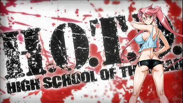 Anime picture 1920x1080 with highschool of the dead madhouse takagi saya highres breasts light erotic wide image yellow eyes pink hair glasses