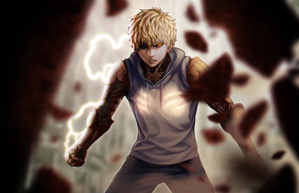 Anime picture 1260x816 with one-punch man madhouse genos arasdel single looking at viewer short hair blonde hair red eyes standing sleeveless angry black sclera boy hood hoodie android