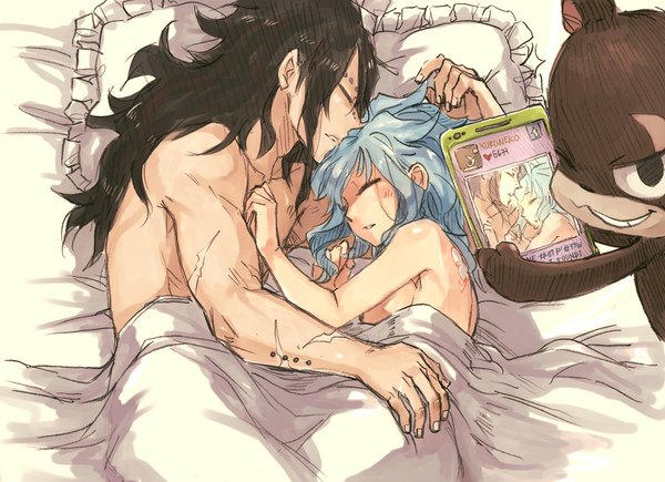 Anime picture 1100x798 with fairy tail gajeel redfox levy mcgarden panther lily rusky long hair light erotic black hair blue hair lying eyes closed profile tattoo hug piercing scar sleeping girl boy bed