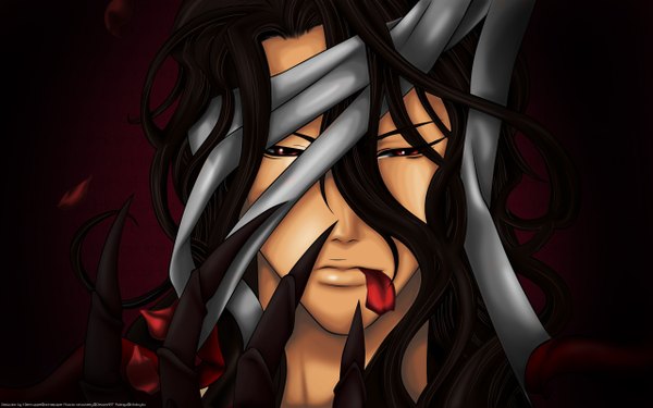 Anime picture 2560x1600 with blood+ production i.g haji single long hair highres black hair red eyes wide image mouth hold boy bandage (bandages) claws