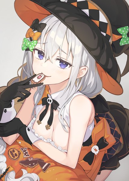 Anime picture 1411x1980 with original tam-u single long hair tall image looking at viewer fringe breasts light erotic simple background hair between eyes purple eyes cleavage silver hair braid (braids) from above grey background sleeveless single braid halloween
