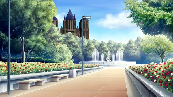 Anime picture 1024x576 with jesus 13th wide image game cg sky cloud (clouds) no people landscape flower (flowers) plant (plants) tree (trees) bench fountain