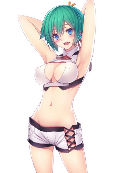 Anime picture 818x1157 with aquarion (series) aquarion evol satelight zessica wong pen (steelleets) single tall image blush short hair breasts open mouth blue eyes light erotic simple background white background green hair midriff girl navel shorts