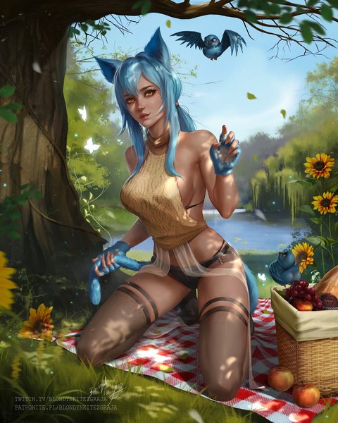 Anime picture 1021x1277 with original blondynkitezgraja single long hair tall image looking at viewer fringe breasts light erotic hair between eyes signed animal ears yellow eyes payot blue hair sky full body outdoors tail animal tail