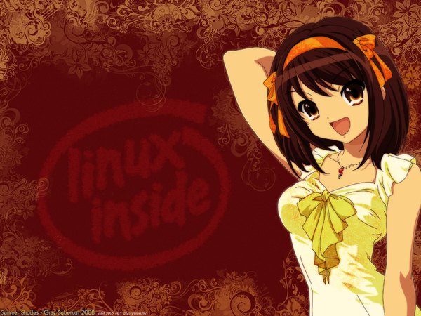 Anime picture 1600x1200 with suzumiya haruhi no yuutsu kyoto animation linux suzumiya haruhi red background girl