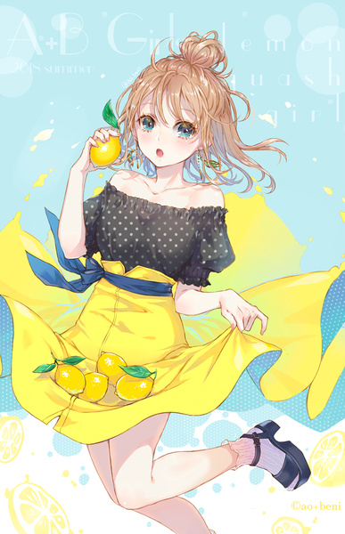 Anime picture 700x1085 with original ao+beni single tall image looking at viewer blush fringe short hair open mouth blue eyes simple background hair between eyes brown hair bare shoulders holding signed nail polish fingernails off shoulder :o