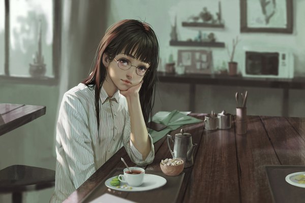 Anime picture 1920x1280 with original rui li single long hair looking at viewer fringe highres brown hair brown eyes indoors blunt bangs lips realistic chin rest girl shirt glasses window white shirt chair