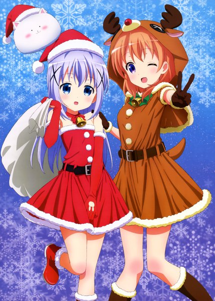 Anime picture 4096x5720 with gochuumon wa usagi desu ka? white fox nyantype kafuu chino hoto cocoa tippy (gochiusa) long hair tall image looking at viewer blush highres short hair open mouth blue eyes multiple girls blue hair absurdres one eye closed wink orange hair