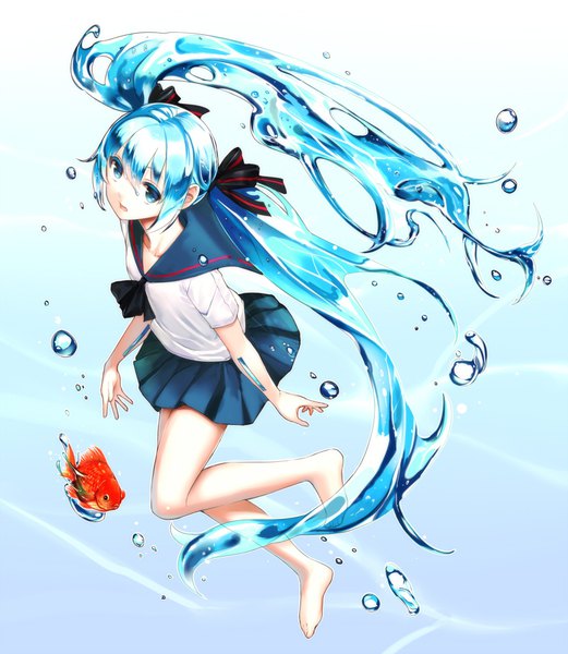 Anime picture 800x920 with vocaloid hatsune miku bottle miku takemori shintarou single tall image fringe open mouth blue eyes simple background hair between eyes twintails payot blue hair looking away full body very long hair barefoot liquid hair girl