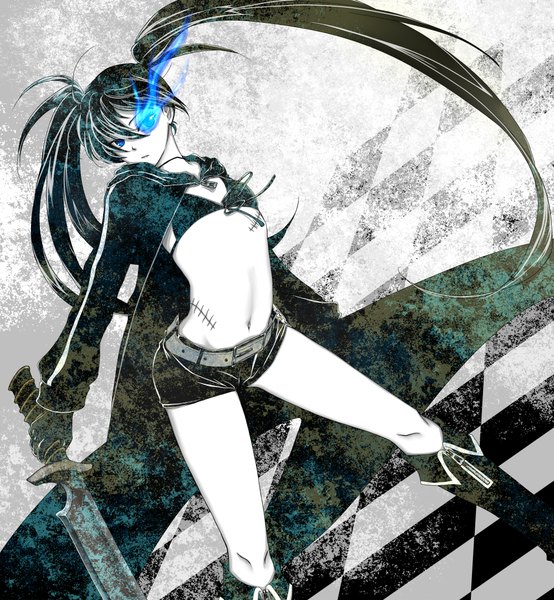 Anime picture 2000x2164 with black rock shooter black rock shooter (character) sha (pixiv) single long hair tall image highres black hair twintails aqua eyes glowing scar glowing eye (eyes) checkered floor girl gloves weapon shorts cloak bikini top