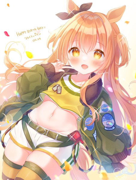 Anime picture 1162x1536 with umamusume mayano top gun (umamusume) omochi monaka single long hair tall image blush open mouth animal ears yellow eyes tail :d animal tail orange hair open jacket two side up groin dated happy birthday horse ears